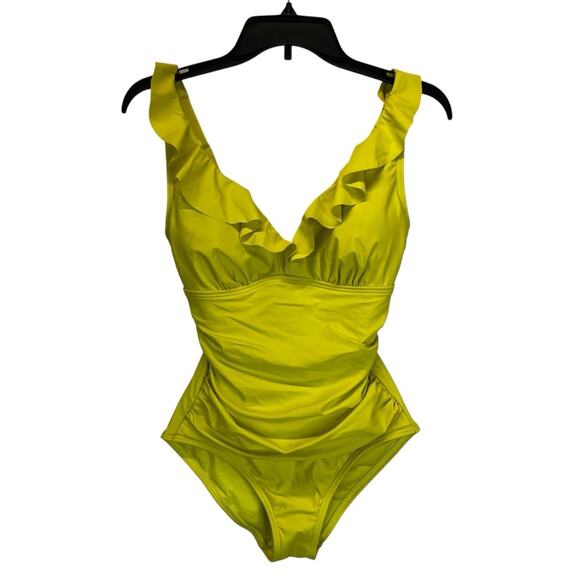 DKNY Ruffle Plunge Underwire Tummy Control One Piece swimsuit yellow - S - Picture 2 of 12